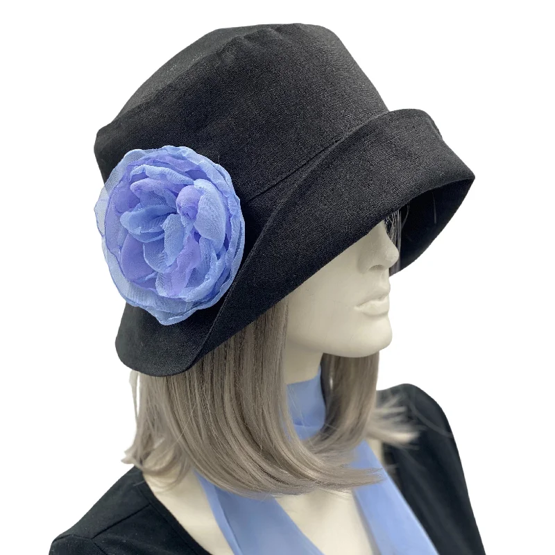 1920s Black Linen Cloche Hat with Chiffon Peony and Scarf | The Eleanor