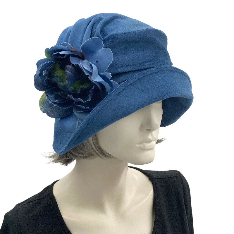 1920s Cloche Hat in Blue or Black Velvet  with Peony Style Flower | The Alice