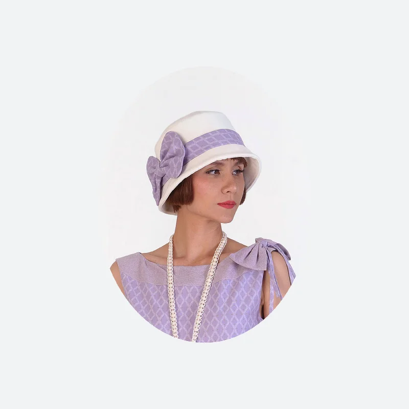 1920s cloche hat in lavender and off white cotton