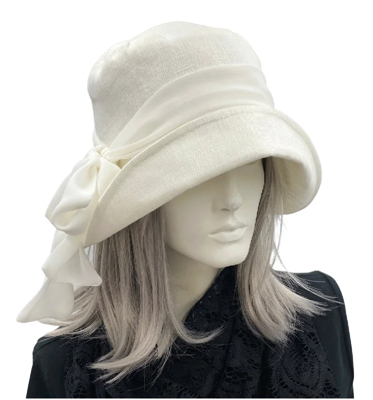 1920s Cloche Hat in Antique White Linen with Scarf | The Eleanor