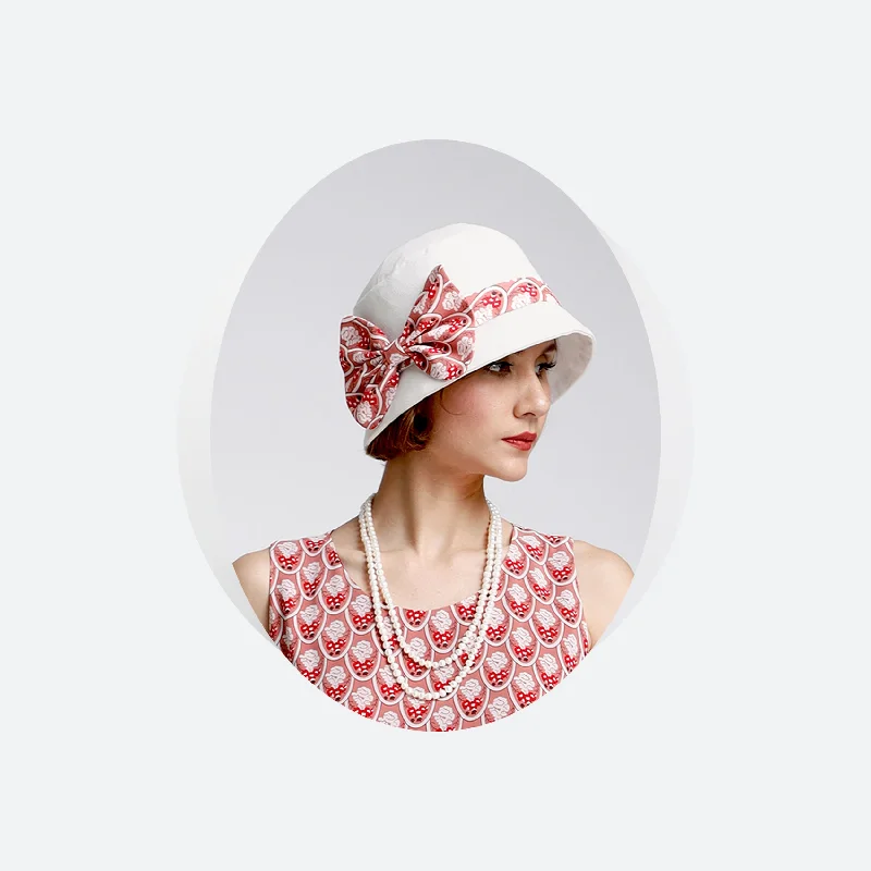 1920s cloche hat in off-white cotton and red printed chiffon