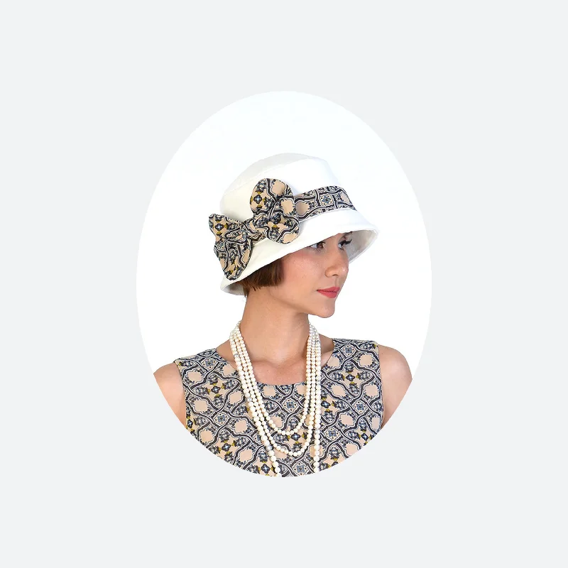 1920s cloche hat in off white and beige tile printed pattern