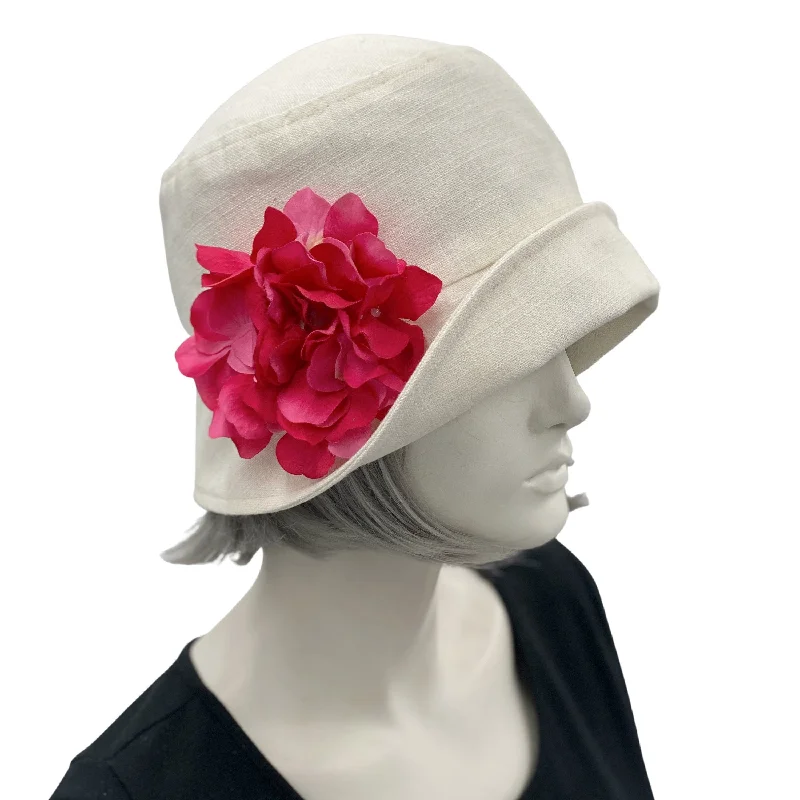 1920s Cloche Hat in Cream Linen with Magenta Hydrangea Flowers | The Eleanor