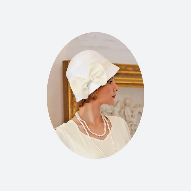 1920s cloche hat with off-white cotton and cream chiffon