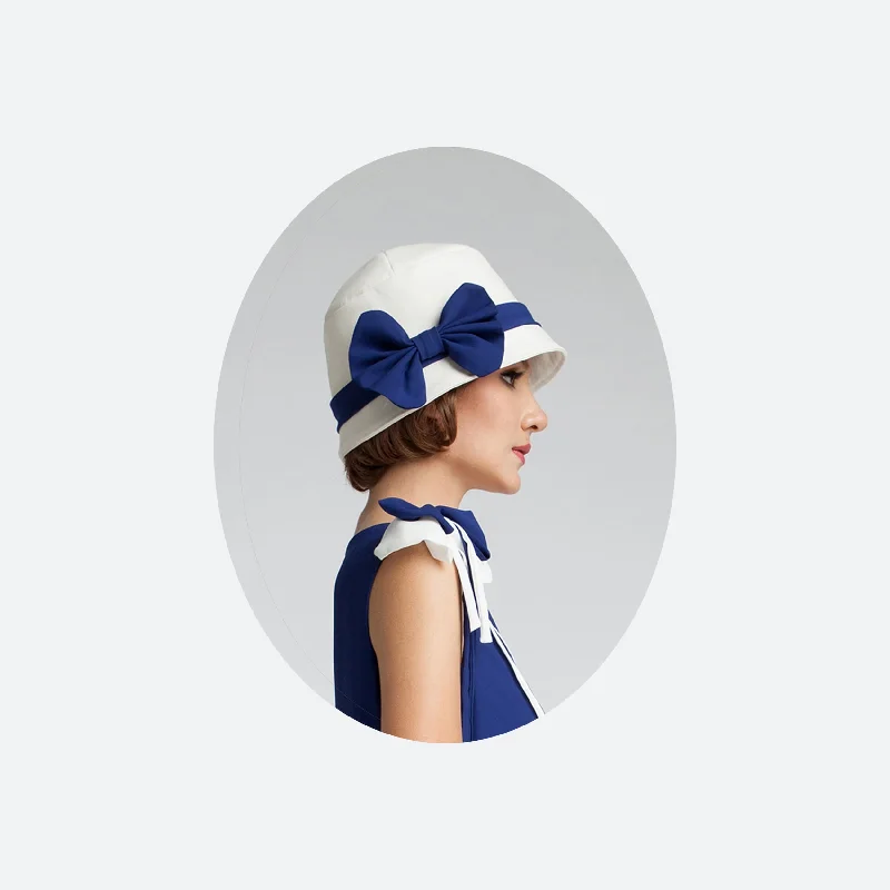 1920s cloche hat with off-white cotton and dark blue chiffon ribbon