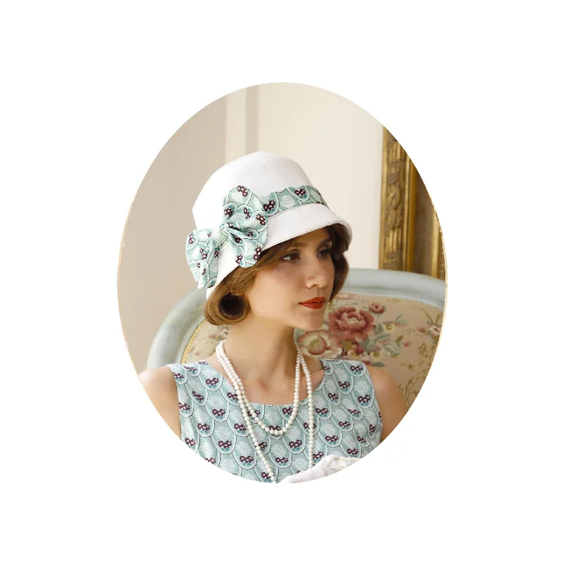 1920s cloche hat with off-white cotton and printed light green chiffon