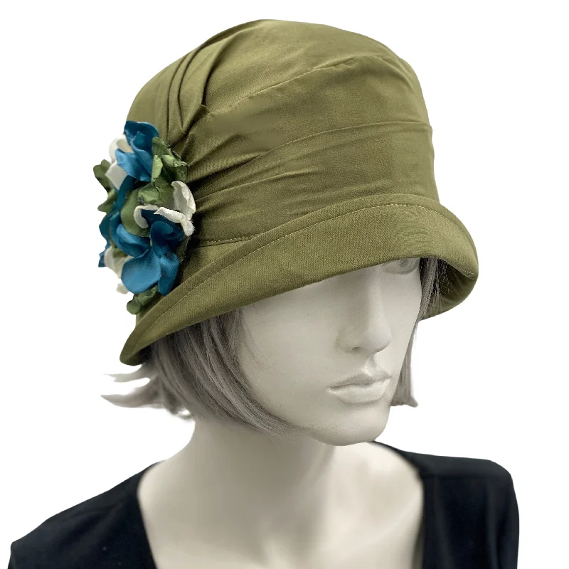 1920s Style Cloche Hat Women in Olive Green Cotton | The Alice