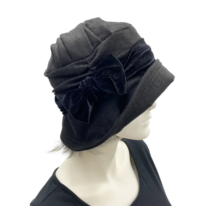 1920s Style Cloche Hat in Black Wool with Velvet Band and Bow | The Alice