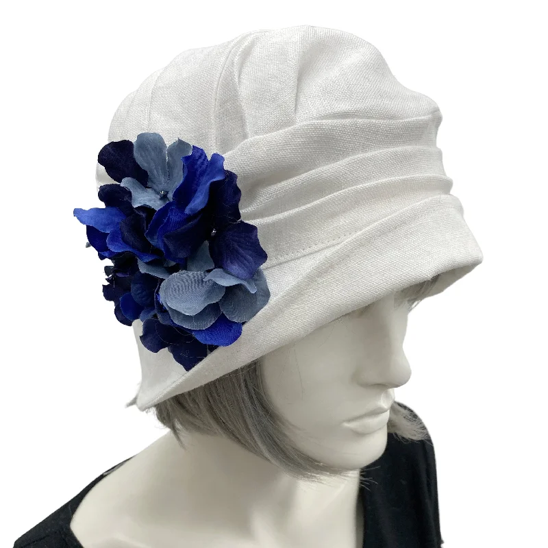 1920s Style Cloche Hat in White Linen with Blue Hydrangea Petals | The Alice