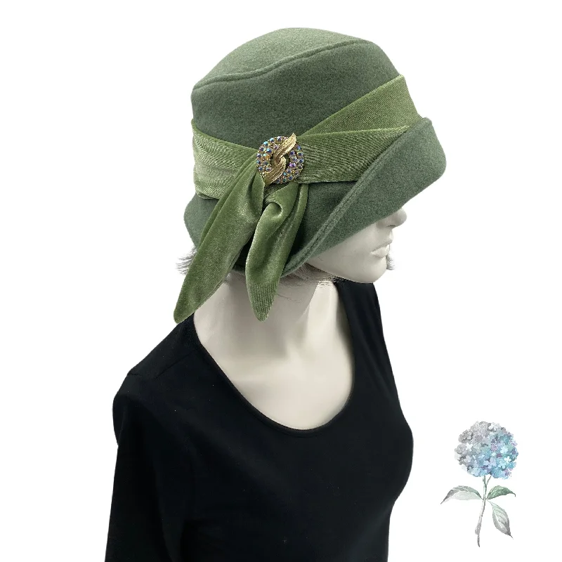 1920s Style Cloche Hat in Green Wool with Sage Green Velvet Tie and Vintage Rhinestone | The Eleanor