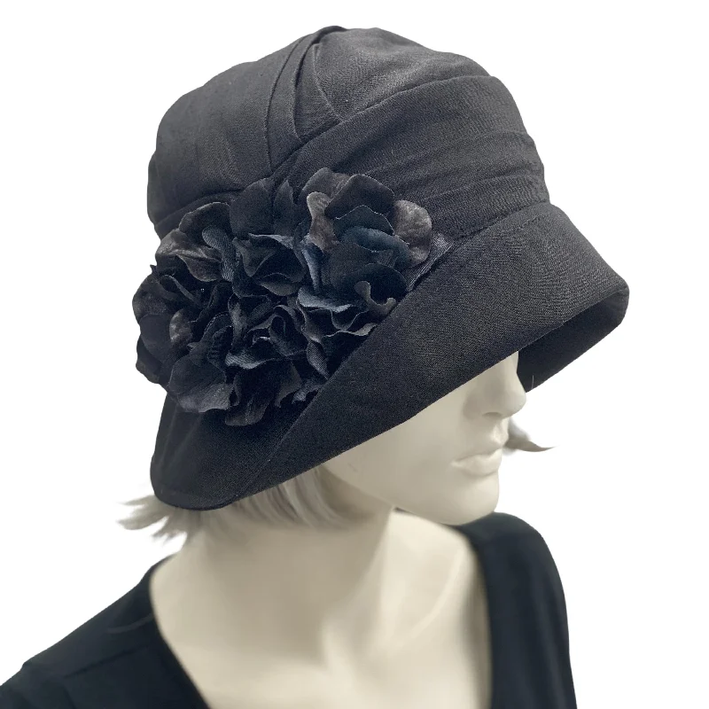 1930s Cloche Hat in Black Linen with Hydrangea Petals | The Alice