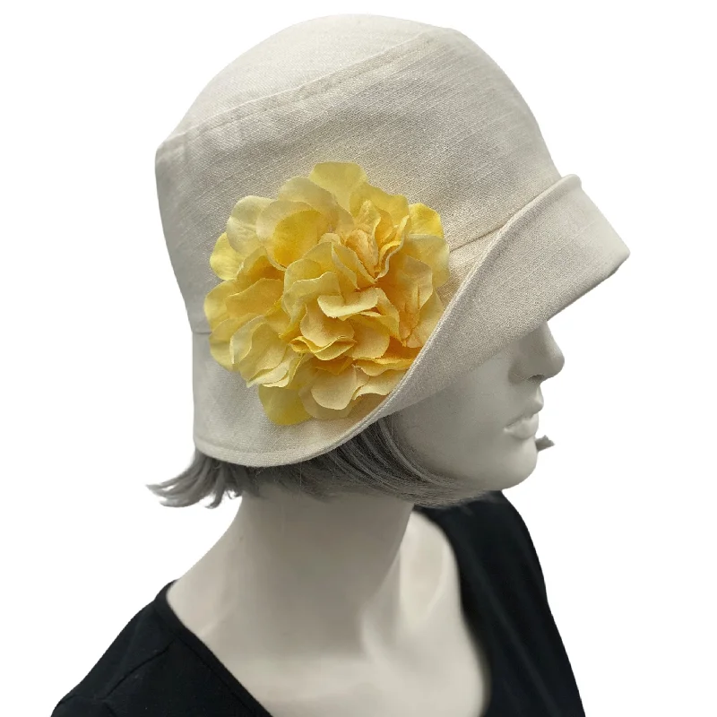 1930s Cream Linen Cloche Hat with Yellow Hydrangea Flowers | The Eleanor