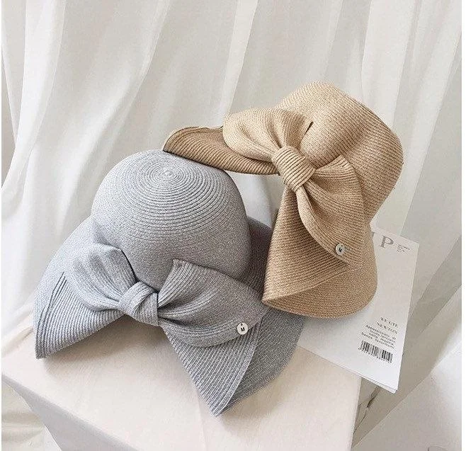 Wide Brim Straw Hat with Bow Tie for Women