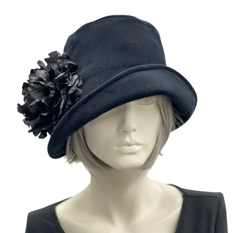 Black Velvet Cloche Hat with Large Removable Flower | The Eleanor