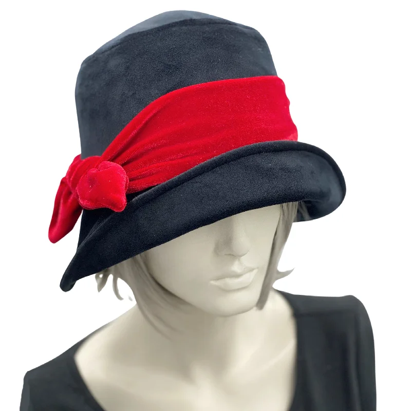 Black Velvet Winter Hat Women with Red Velvet Band and Bow | The Eleanor Cloche