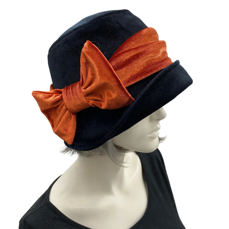 Black Velvet Cloche Hat with Burnt Orange Velvet Band and Bow | The Eleanor