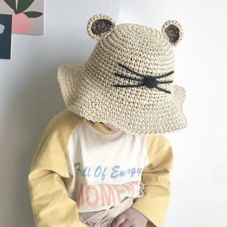 Cat/ Bear Straw Hat for Women Girl Kid Toddler