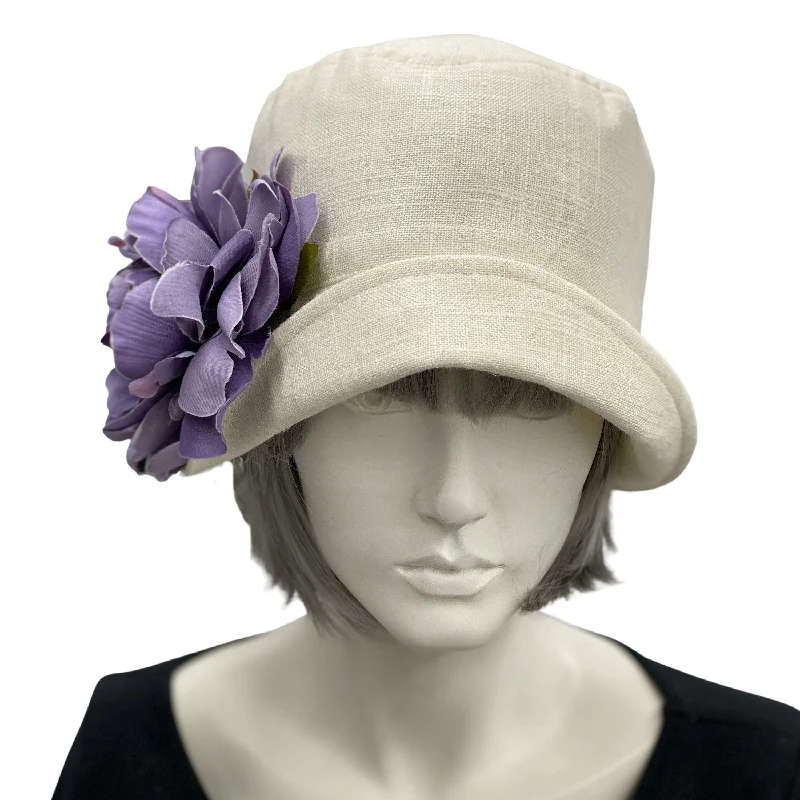 Jazz Age Cloche Hat in Cream Linen with Large Purple Peony | The Eleanor