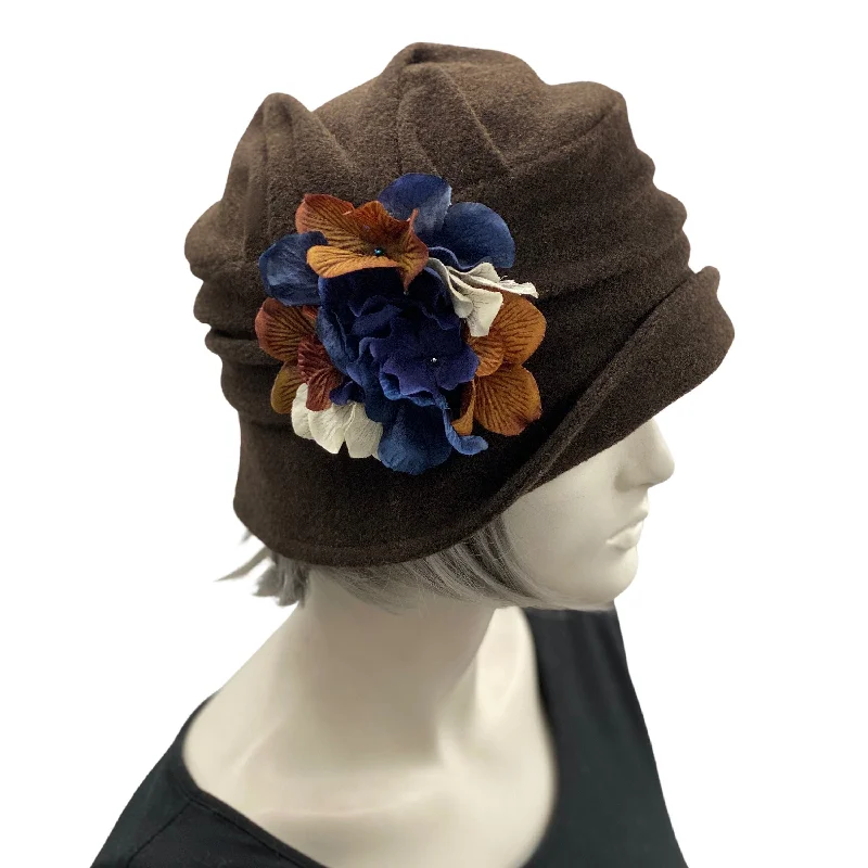 Cloche Hat  in Brown Wool Fabric with Hydrangea Flowers | The Alice