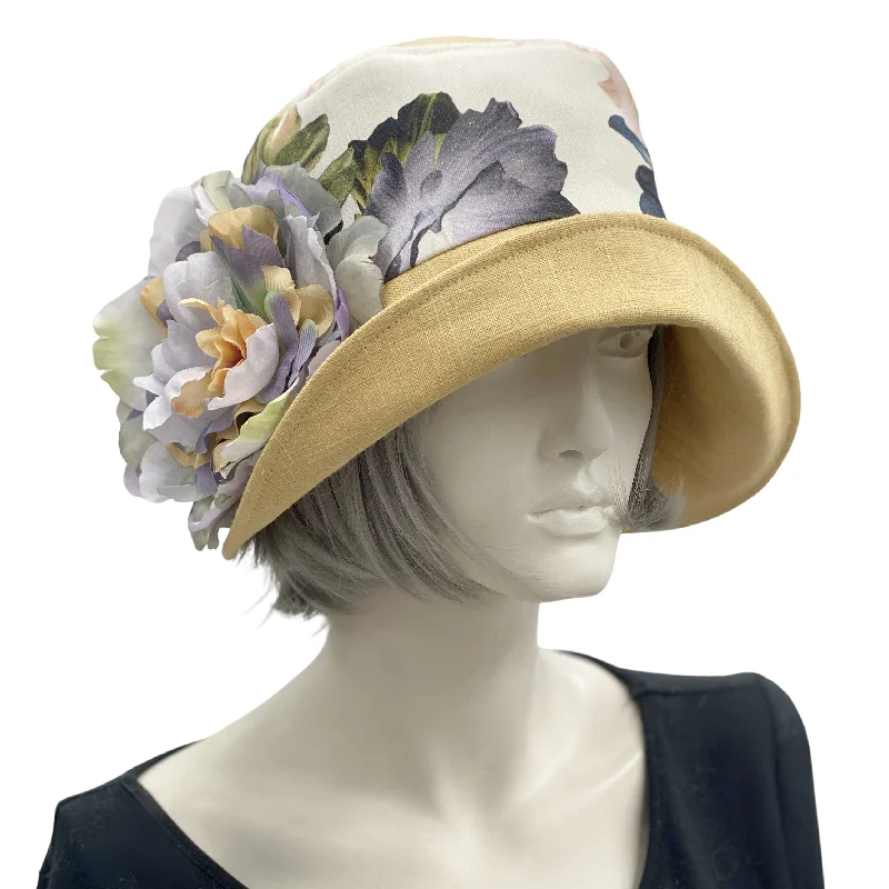 Cloche Hat in Golden Linen with Pretty Floral Print and Peony | The Eleanor