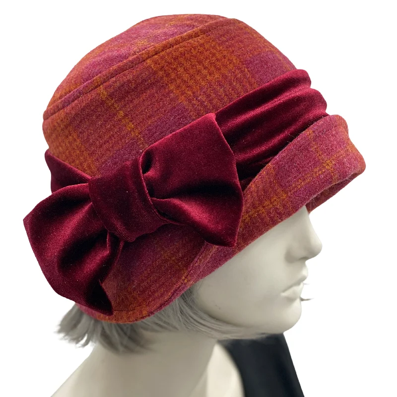 Cloche Hat in Rust and Raspberry Wool with Velvet Band and Bow | The Eleanor