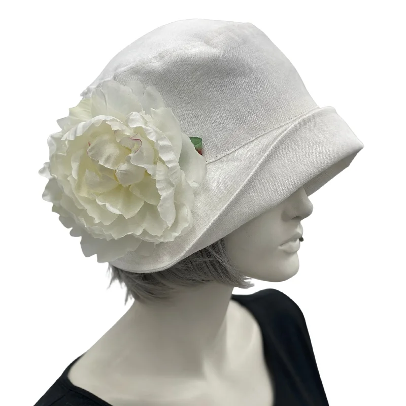 Cloche Hat in White Linen with Large Peony Flower | The Eleanor