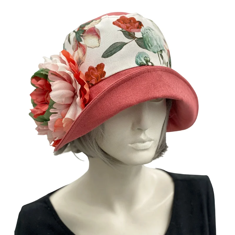 Cloche Hat in Coral Linen with Floral Print and Large Peony Flower | The Eleanor