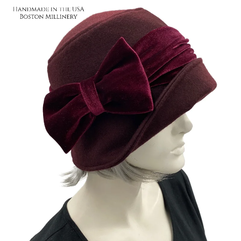 Cloche Hat in Dark Burgundy Wool Fabric With Velvet Band and Bow | The Eleanor