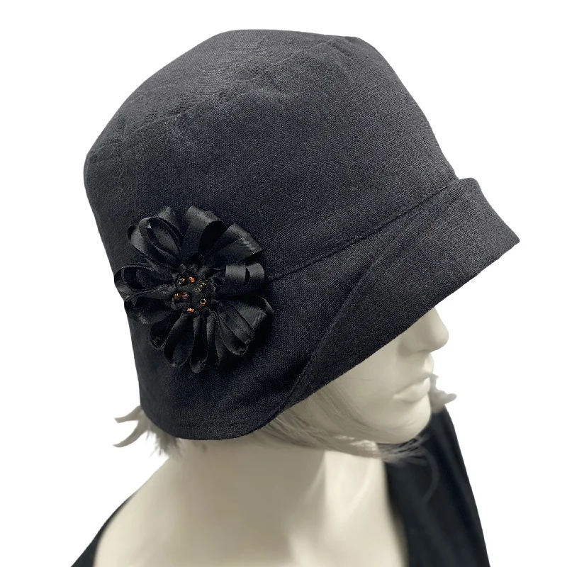 Cloche Hat for Women in Black Linen with Satin Ribbon Daisy  | The Eleanor