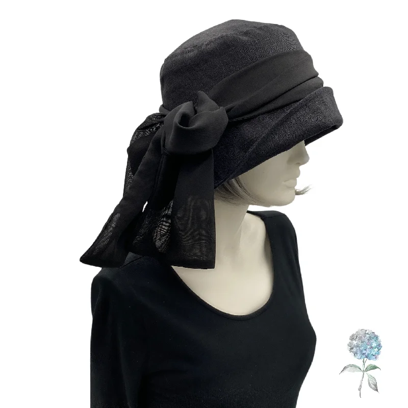 Black Linen Cloche Hat Women with Chiffon Bow Scarf | The Eleanor