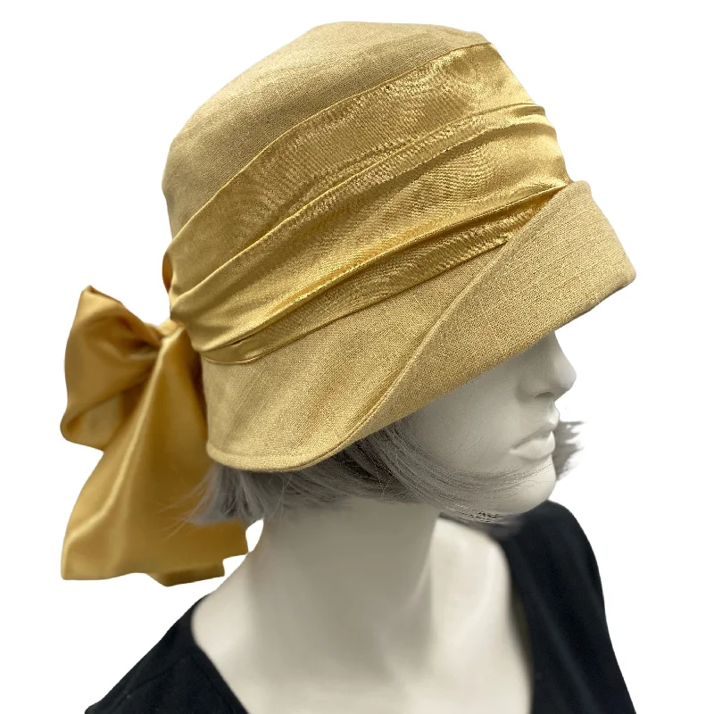 Cloche Hat Women in Golden Yellow Linen with Satin Band and Bow | The Eleanor