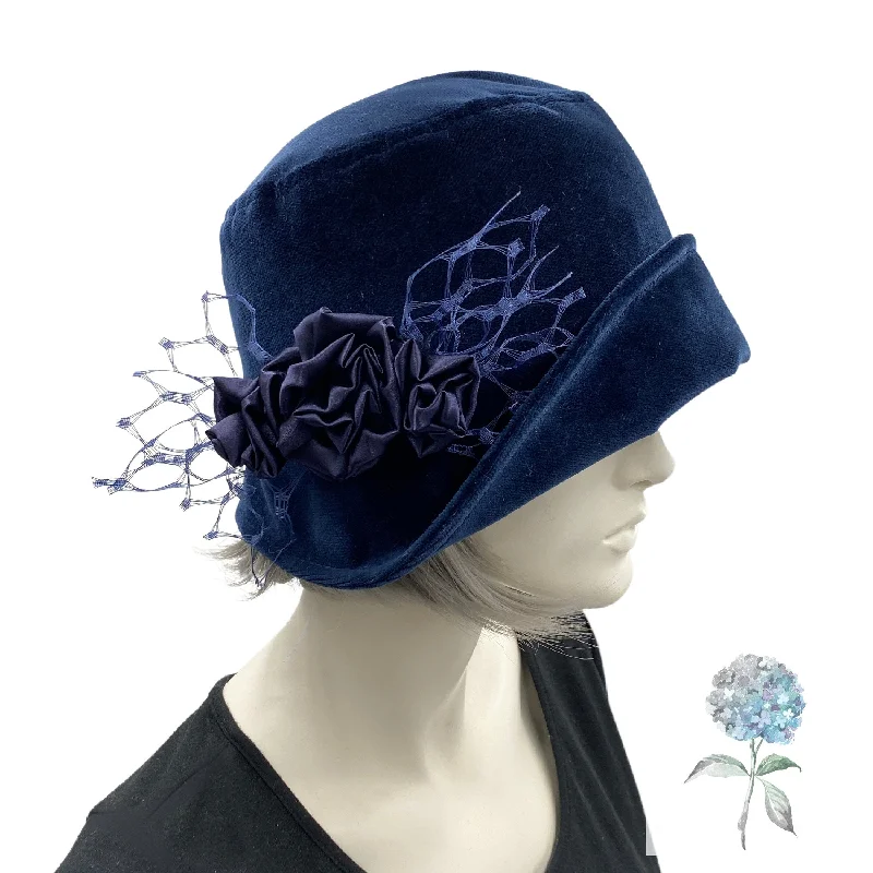 Cloche Hat in Navy Blue Velvet Trimmed with Satin Rosette and French Veiling | The Eleanor