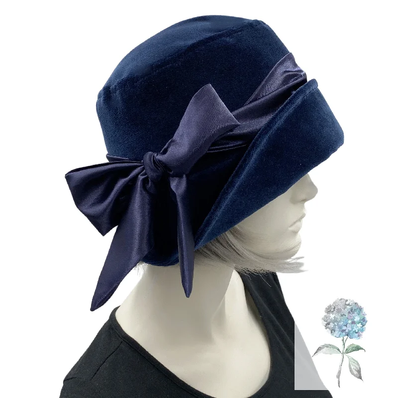 Cloche Hat in Navy Blue Velvet Satin Band and Bow | The Eleanor