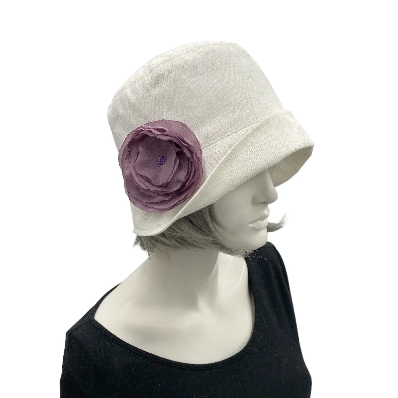 Antique White Linen Cloche Hat with Colorful Chiffon Rose | The Eleanor