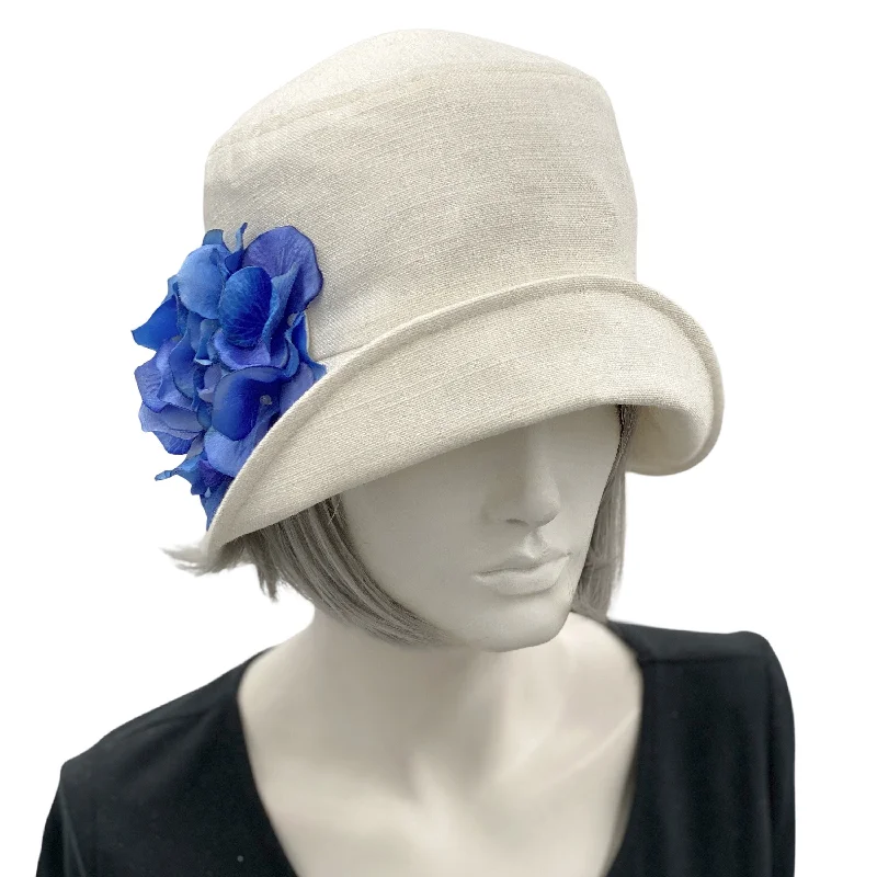 Cream Linen Cloche Hat in 1920s Style with Blue Hydrangea Flowers | The Eleanor