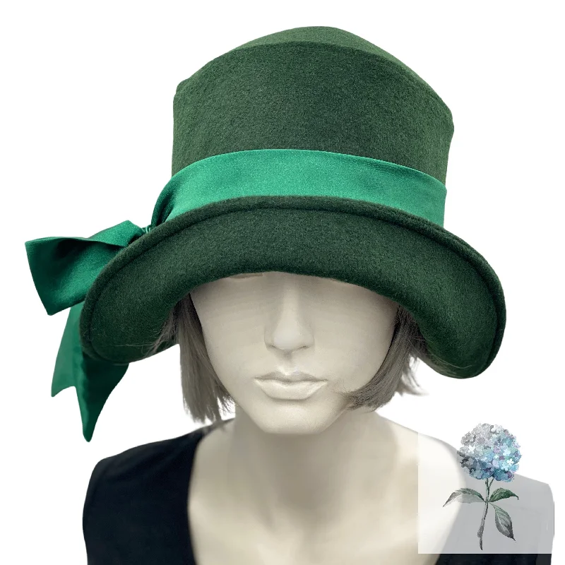 Dark Green Wool Cloche Hat with Satin Band and Bow | The Eleanor