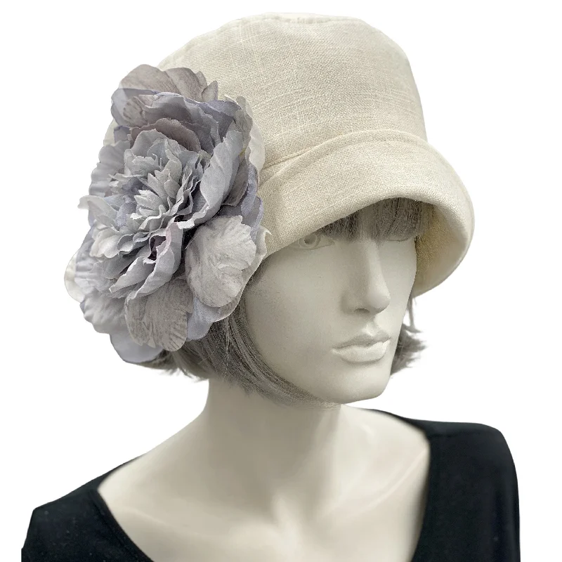 Flapper Style Cloche Hat in Cream Linen with Gray Peony Flower | The Eleanor