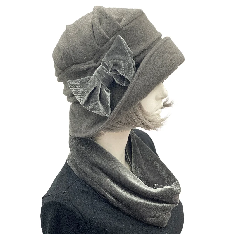 Fleece Cloche Hat with Velvet Bow and Velvet Infinity Scarf | The Alice