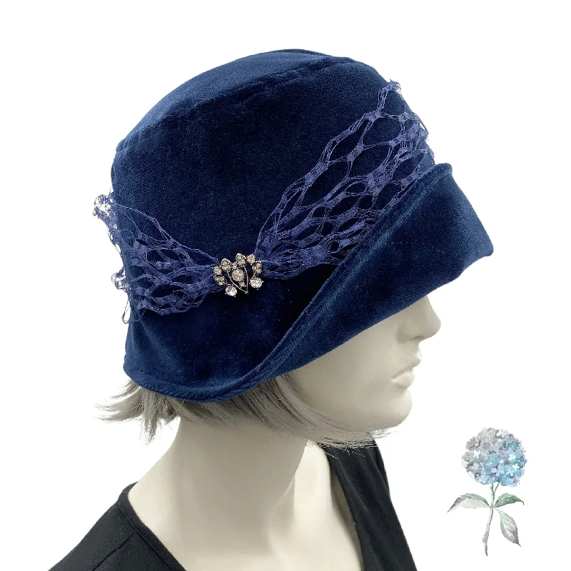 Gatsby Wedding Hat in Navy Blue Velvet with French Veiling and Rhinestone | The Eleanor