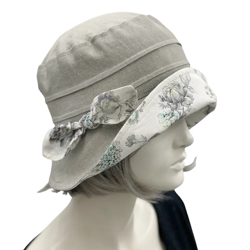 Gray Linen Cloche Hat with Floral Brim and Bow | The Betty