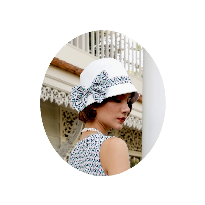 Great Gatsby hat of off-white cotton and blue/green printed chiffon