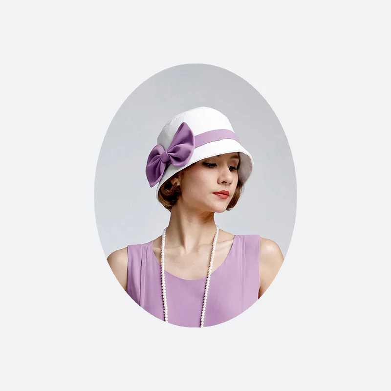 Great Gatsby hat with off-white cotton and lavender ribbon