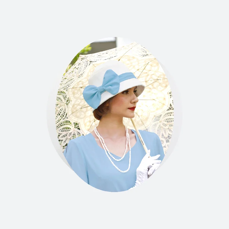 Great Gatsby hat with off-white cotton and light blue chiffon