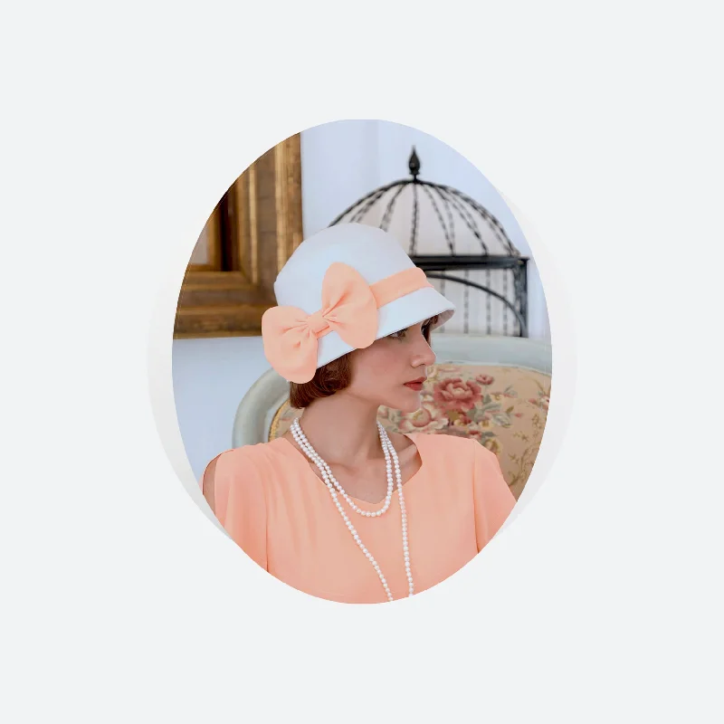 Great Gatsby hat with off-white cotton and peach chiffon