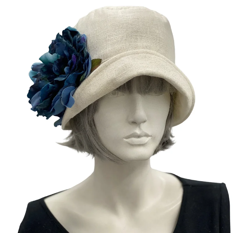 Ladies Cream Linen Cloche Hat in 1920s Style with Blue Peony Flower | The Eleanor