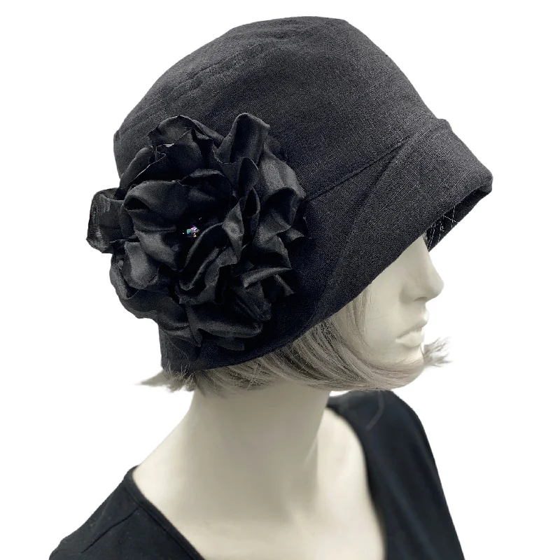 Linen Cloche Hat in 1920s Style with Large Satin Peony Flower | The Eleanor