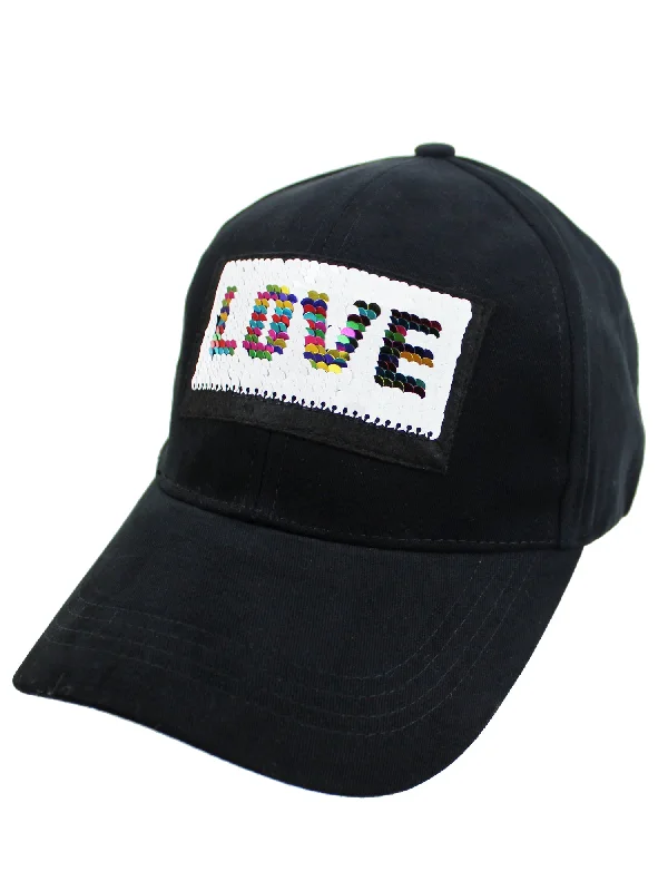 Love Trimmed In Sequins Black Baseball Cap Hat