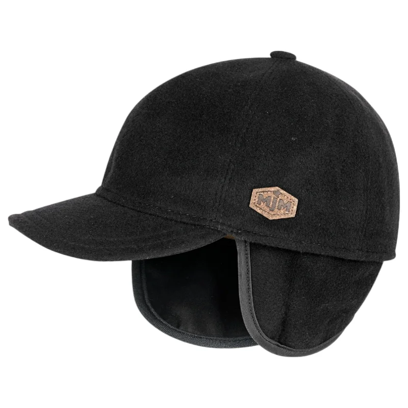 MJM Baseball Cap 100% Wool Cashmere Black med Øreflapper