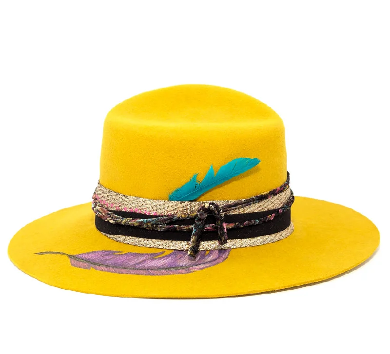 Mustard Asymmetrical Painted Feathers - Custom Felt Hat