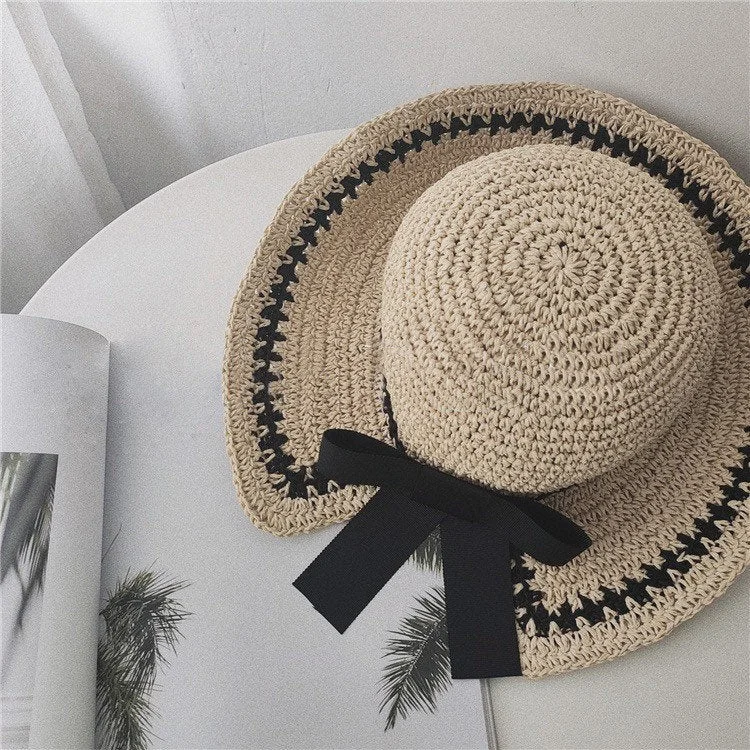 Oversized Summer Straw Hat with Bow Tie